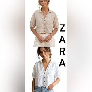 Zara Cream Linen Crop Button Top & High-Waist Shorts Set SIZE XS